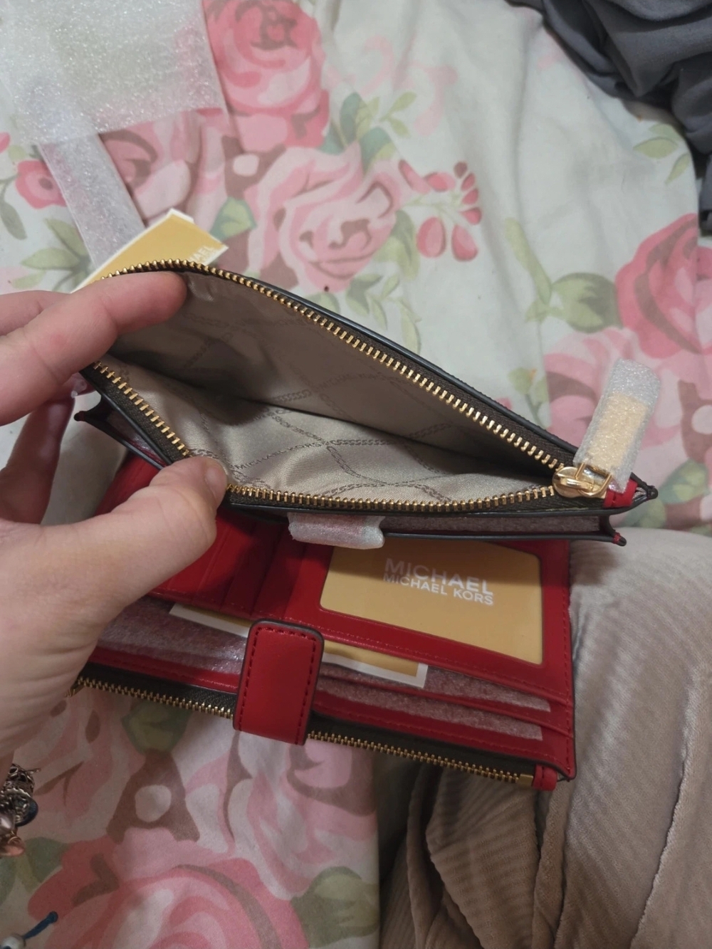 MICHAEL Michael Kors Red Leather Zip Wallet with Gold Hardware